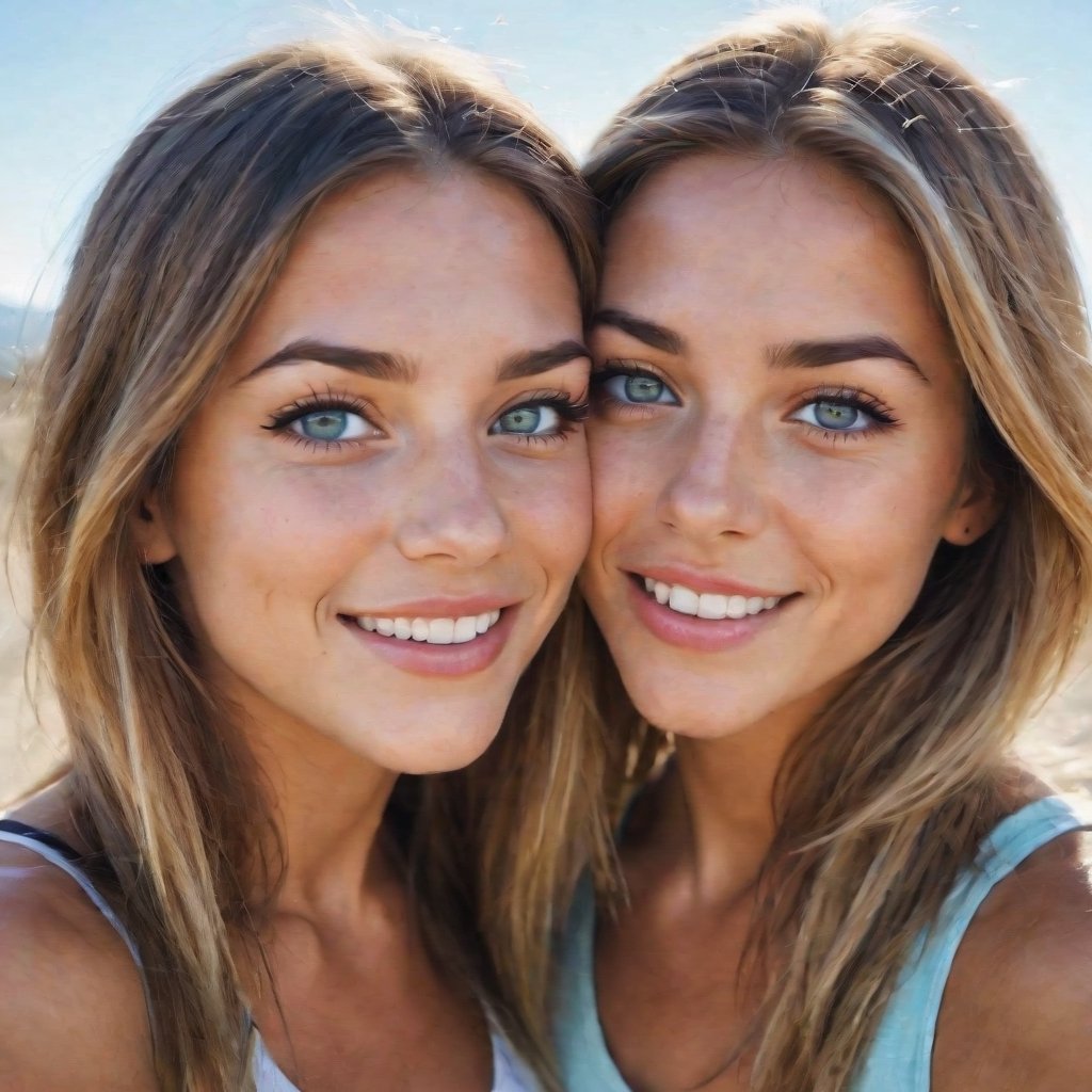 'a couple of women standing next to each other, sexy girl with green eyes, in love selfie, sky blue eyes, high school, tongue, palm springs, long eyelashes, isabella, lacrosse player, loving embrace, f/15, her friend, aniston, highlights, friendly, with a white, mutud colors, black circle, kids, front page