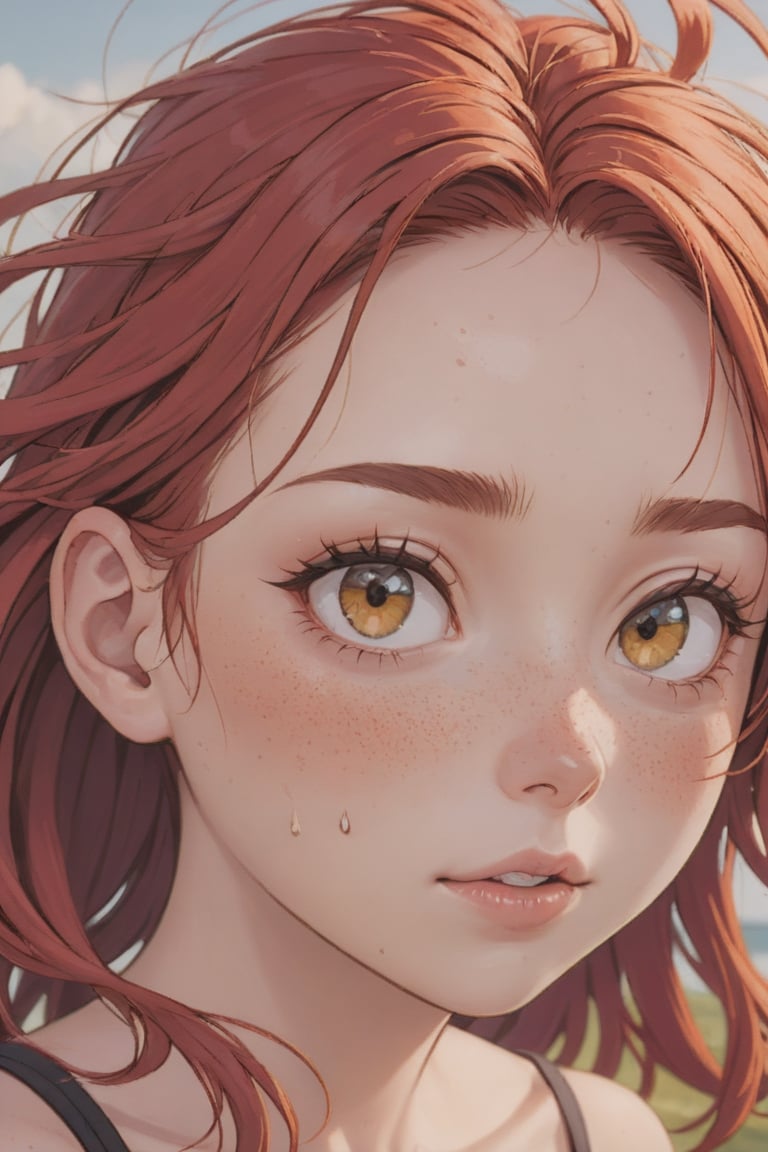 there is a young girl with red hair and a freckled face, wiggly ethereal being, fine detail post processing, inspired by Mark Arian, closeup of an adorable, world best photography, professionally post - processed, wind kissed picture, sharpened image, esty, by Andrew Robertson, real image, a picture,1girl