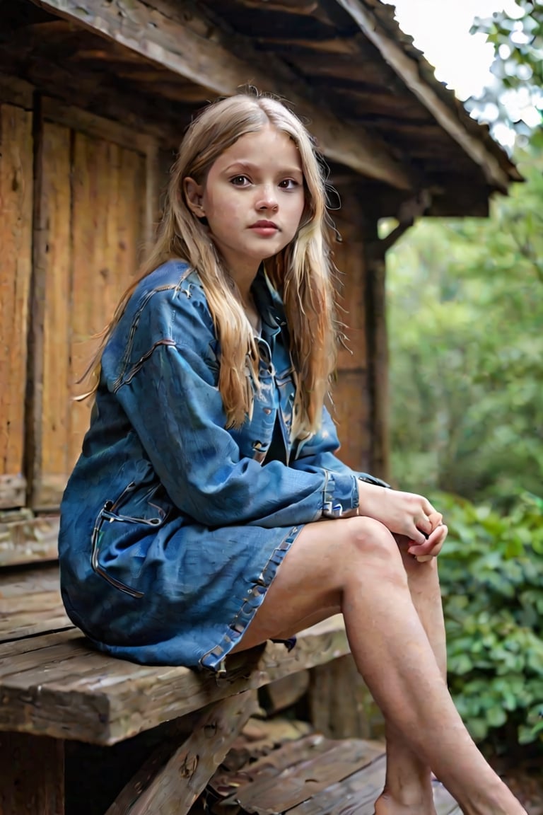  image captures a young girl with long, blonde hair, sitting on a blue ledge. She is wearing a blue jacket and a denim skirt, and her bare feet are crossed on the ledge. The girl is looking directly at the camera, and the background features a wooden structure with a thatched roof and green foliage. The lighting is moody and the image is taken with a long exposure, which gives it a dramatic effect. The overall mood of the image is serene and contemplative