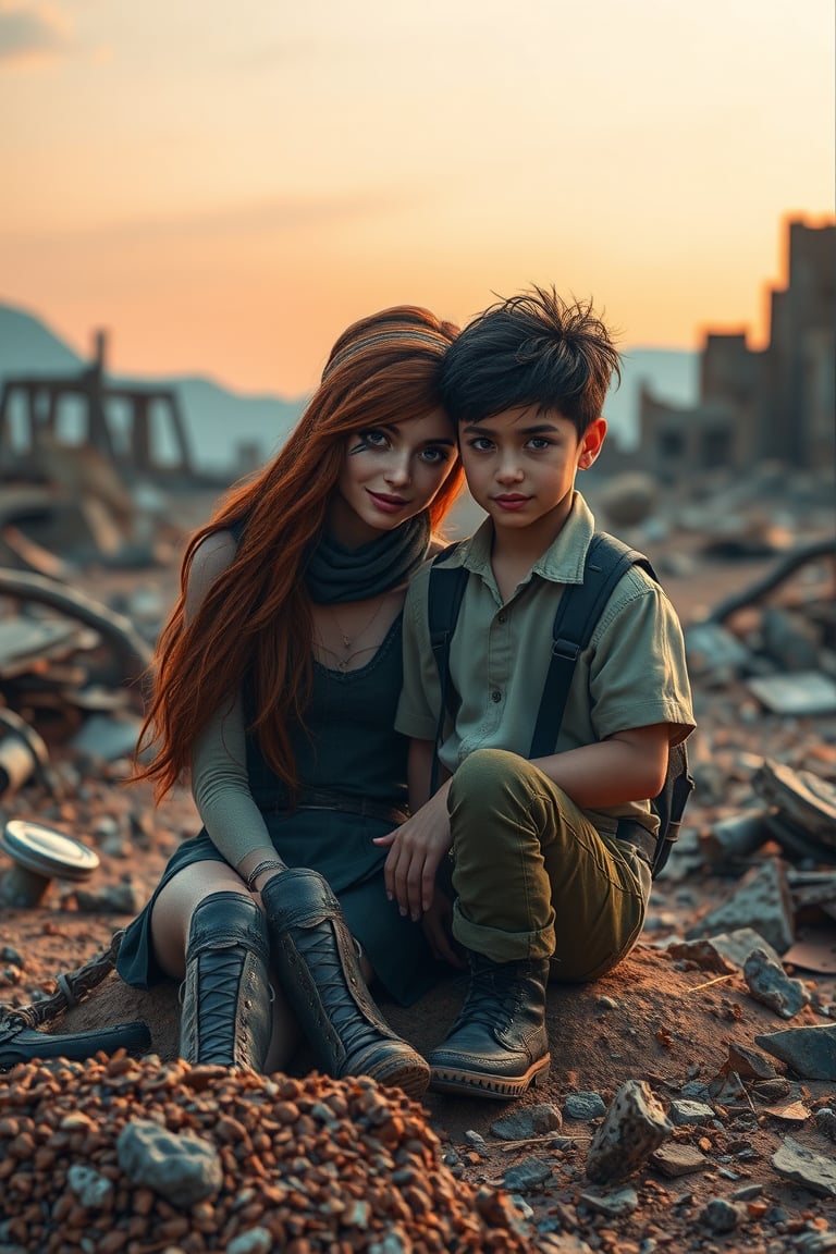 In a post-apocalyptic wasteland, Mad Max's Ayanamiya, sporting Ilya Prima-inspired striped eyes with a kind smile, sits amidst a backdrop of ruins. Her hair, reminiscent of Rembrandt's brushstrokes, cascades down her back like a fiery halo. Young James Audrey, donning stylish attire, stands beside her, his gaze fixed on Ayanamiya's enigmatic expression. The scene is set against a gradient of blues and oranges, with global illumination casting an otherworldly glow. Octane render brings forth hyper-realistic textures, as if the image has been plucked straight from a 4K HDR film. In this cinematic tableau, the juxtaposition of Ayanamiya's serene beauty and the desolate landscape creates a thought-provoking commentary on hope amidst chaos.