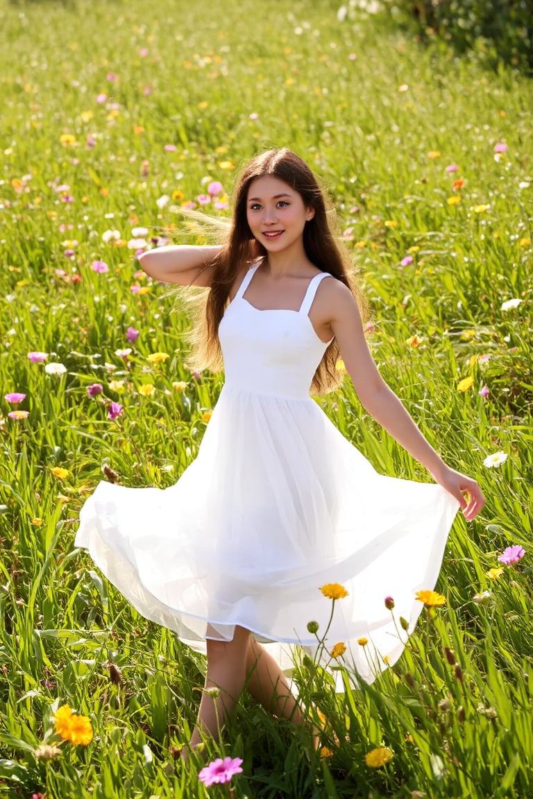 A  girl's dreamy dance in a sun-kissed meadow, surrounded by vibrant wildflowers, wears a flowing white dress, the girl is 14 years old,beaming with a bright and charming smile, as warm rays of sunlight filter through lush green blades, casting a soft glow on the serene scene, reminiscent of Renoir or Morisot's Impressionist masterpieces.,hubggirl