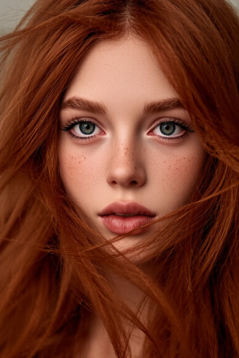 Close-up portrait of a young woman with red hair, 1400*1000, Irish genes, hair blown by the wind, marvelous eyes, freckled skin, inspired by Mary Elizabeth Price, red-toned mist, photorealistic, HDR photograph, ancient Irish atmosphere, unusually unique beauty, shot with Canon 5D Mark II, reminiscent of Tom Chambers and Jinsung Lim's photography style.