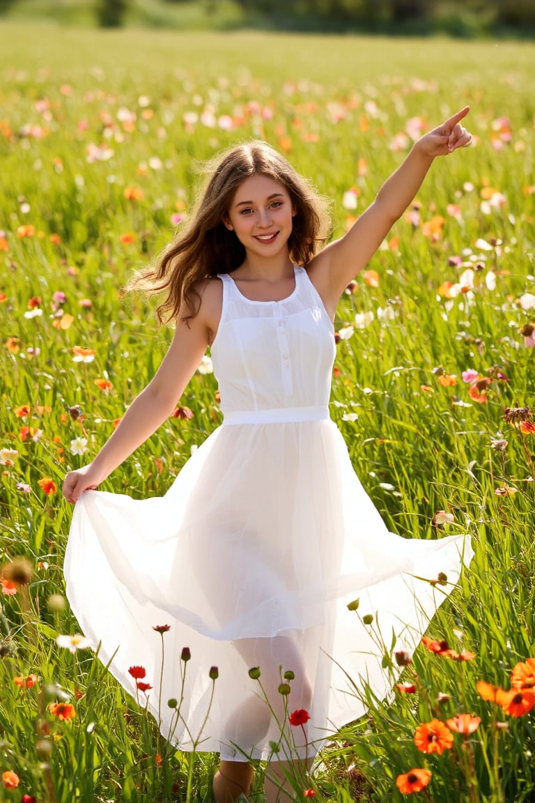 A  girl's dreamy dance in a sun-kissed meadow, surrounded by vibrant wildflowers, wears a flowing white dress, the girl is 14 years old,beaming with a bright and charming smile, as warm rays of sunlight filter through lush green blades, casting a soft glow on the serene scene, reminiscent of Renoir or Morisot's Impressionist masterpieces.,hubggirl