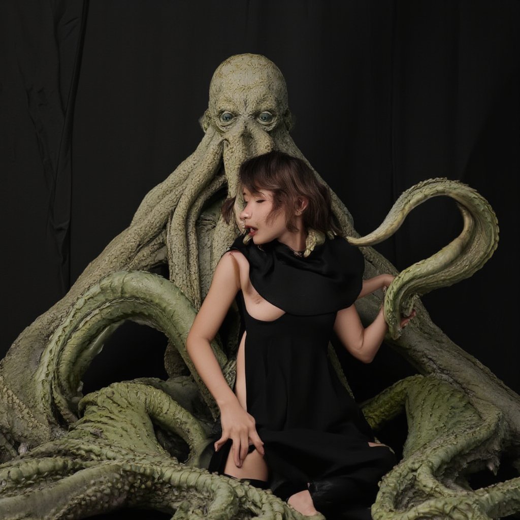 In a chilling and enchanting scene, a faceless tentacle monster tenderly embraces a frightened yet adorable young woman, creating a stark contrast between the dreadful presence of Cthulhu and the cuteness of his victim. Despite the terrifying situation, an unexpected romantic and sensual tenderness emerges between the two, weaving an unexpected depth into the composition and adding nuance to the horrifying premise. The dreadful yet beautiful image exudes a fascinating blend of fear, curiosity, and affection, as if plucked from the pages of a classic Lovecraftian tale. This unforgettable scene encapsulates the essence of the mind-bending, gothic horror that has captivated audiences for generations, inviting viewers to explore the fascinating realms of terror and tenderness that lie beyond the boundaries of the mundane.