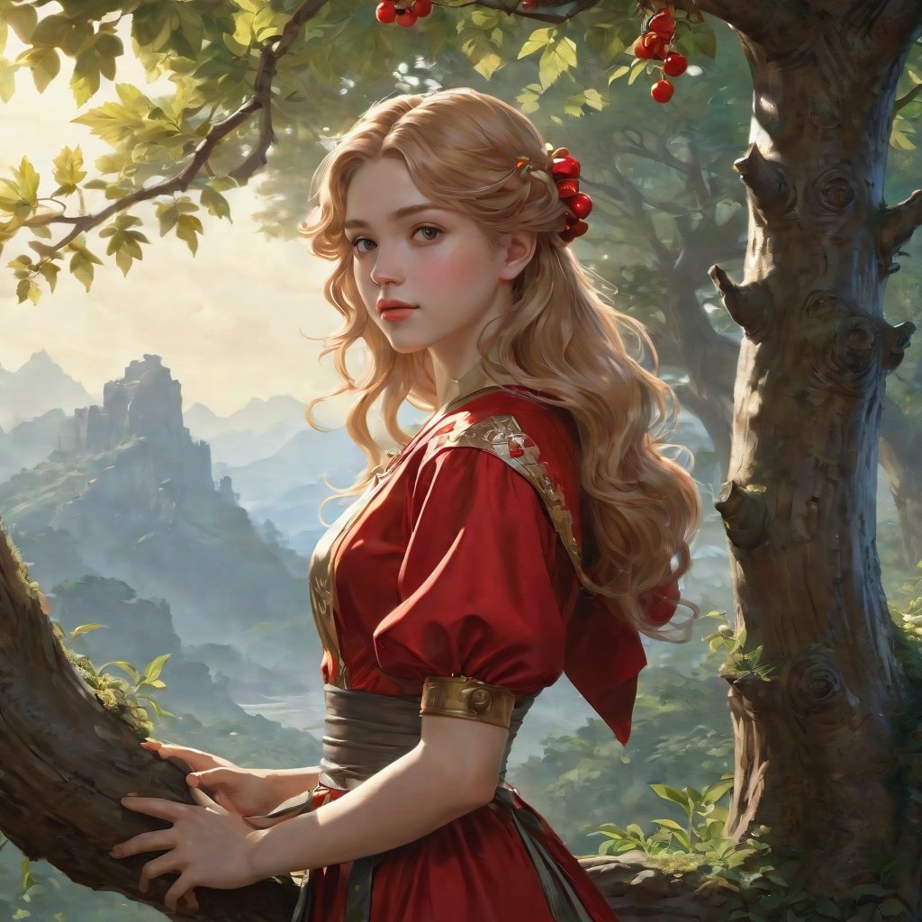Prompt:  Cute girl gathering cherries on a tree, very long hair, reddish blonde, perfect body, cute face, curvy , insanely detailed art, Renoir Sorolla Degas manet, 8k resolution, lusciously drawn, soft render, ray tracing, unreal engine 5, illustration, by Beeple, WLOP, J. C. Leyendecker stalenhag, Mucha Katsuhiro Otomo by Ruan Jia and Mandy Jurgens and Artgerm and William-Adolphe Bouguereau, featured on artstation, anime style, 4k, in focus, details, hyper realistic,2d rays, cinematic composition, majestic light, 8k resolution, masterpiece, high resolution, award, epic scenery, dark fantasy environment, dnd character Scrolls squats, official studio and professional visual novel cover, fan deviantart Studio,at studio and professional video, by James wain and by Roger Dean and by Ross Tran and by Peter miyakoAnki