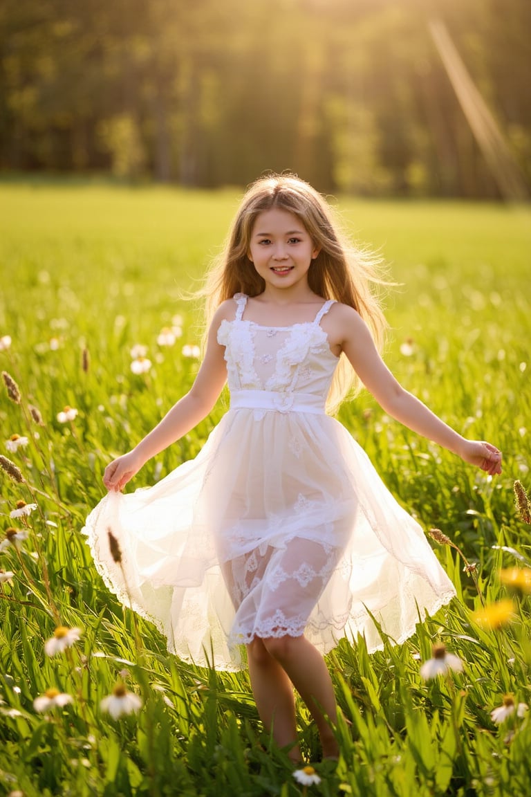 Dreamy, ethereal, and romantic, a young girl dances in a sun-drenched meadow, surrounded by wildflowers, wearing a flowing, white dress, with a bright and charming smile, in the style of Pierre-Auguste Renoir or Berthe Morisot, 1024x768 Rays of warm sunlight filter through the lush green meadow, illuminating a delightful scene of youthful innocence. A young girl, reminiscent of Renoir's or Morisot's subjects, plays with abandon amidst the wildflowers. Her translucent dress whispers secrets to the breeze as she beams with a charming smile, her joyful laughter and carefree spirit radiating outward like the gentle light that dances across her upturned face.