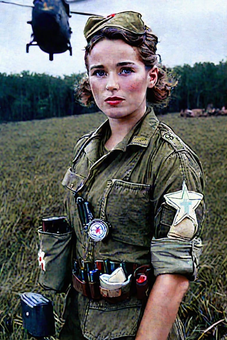 A young woman , cute and sexy. A battle-hardened medic stands ready at a field station during a wartime mission, fully equipped with his med kit, bandages rolled tightly and syringes prepared. His unflinching eyes stare straight into the lens of the camera, conveying both the determination to save lives amidst the chaos of conflict and the empathy for those who have been wounded in combat. The medic's life is defined by two conflicting desires: a commitment to his fellow soldiers and a need to preserve their humanity in even the darkest times.