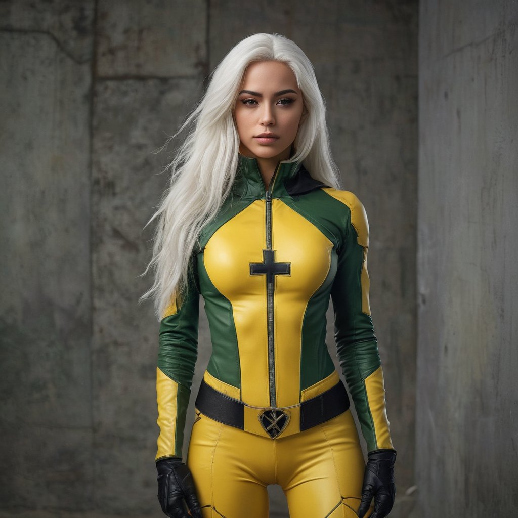 A bold superheroine stands tall, dressed in a vibrant yellow and green suit adorned with a distinctive cross emblem on the chest, paired with a black jacket and hood. Her long white hair flows behind her as she confidently poses, one hand resting on her hip and the other on her thigh. A serious expression dominates her face, fixed directly at the camera. Against a gritty concrete wall backdrop, a window to the right adds depth. The overall mood is dramatic and powerful, evoking a sense of strength and determination.