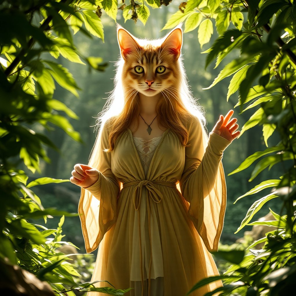 A lifelike catgirl hybrid stands amidst the serene forest's depths, her radiant aura drawing attention to her alluring presence. Framed by a canopy of lush greenery, she wears a flowing nature-inspired tunic that complements her fluffy fur, with subtle feline claws adorning her hands. Her eyes aglow with whimsy and mischief, she seems to be savoring the tranquility of her surroundings.