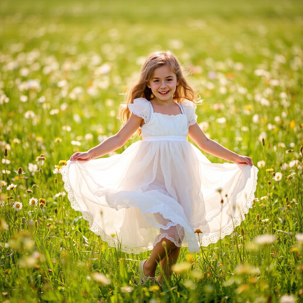 In a warm, sun-kissed meadow, a young girl twirls with abandon, surrounded by a tapestry of wildflowers swaying gently in the breeze. Her flowing, white dress billows behind her like a cloud, as she wears a radiant, charming smile that lights up the entire scene. The soft focus and dreamy quality evoke the Impressionist style of Pierre-Auguste Renoir or Berthe Morisot.