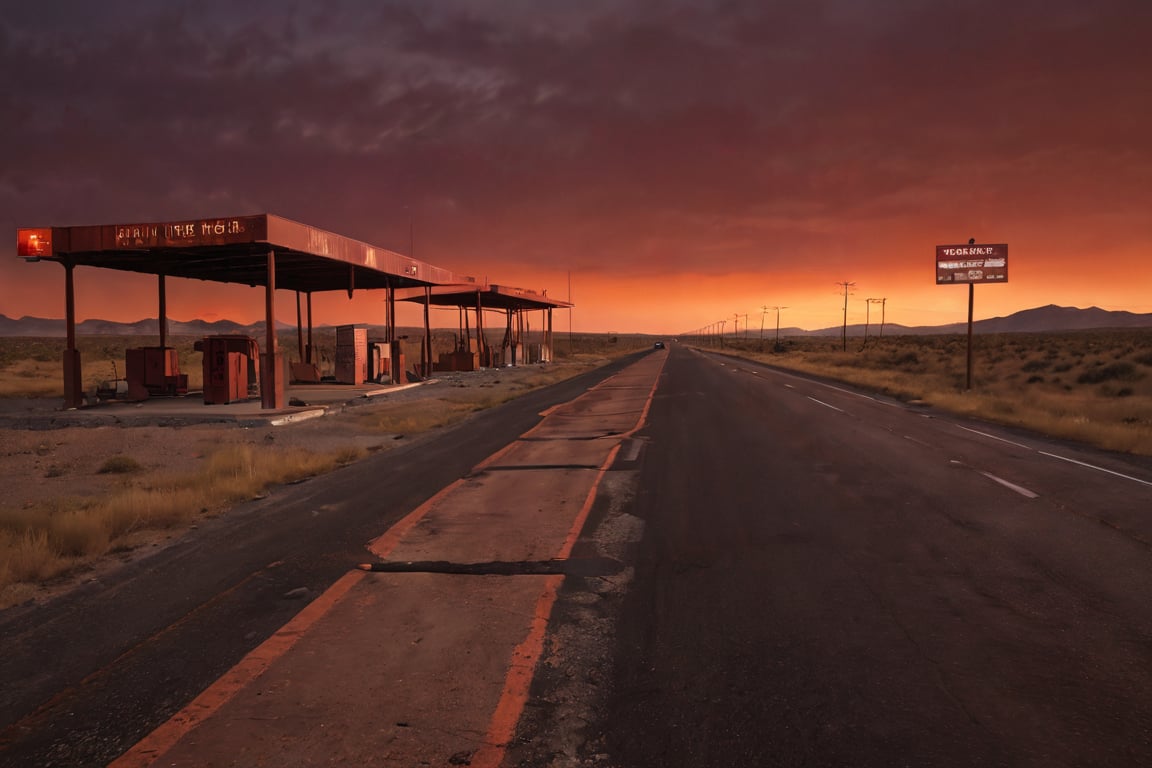 A desolate service area on the highway to hell, bathed in an eerie red glow. Flickering fluorescent lights cast long shadows across rusty metal structures and fading signs, exuding a sense of decay and abandonment. The highway stretches ominously towards a fiery horizon, as if beckoning travelers down a path of no return.