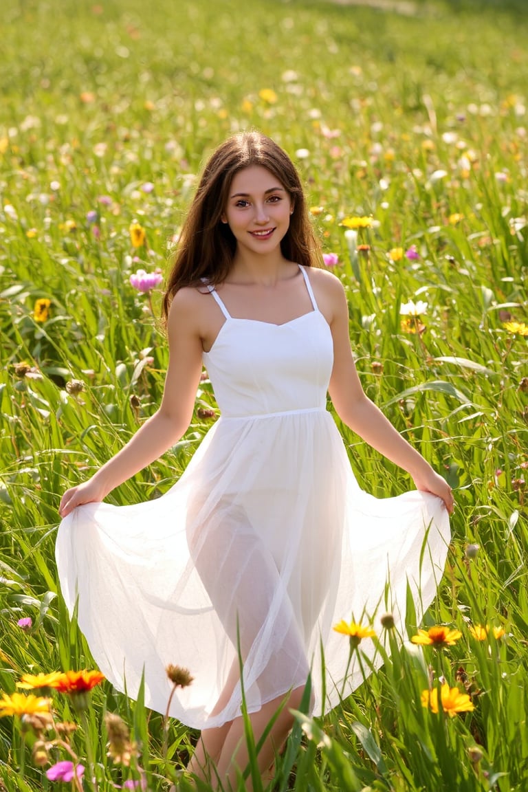 A  girl's dreamy dance in a sun-kissed meadow, surrounded by vibrant wildflowers, wears a flowing white dress, the girl is 16 years old,beaming with a bright and charming smile, as warm rays of sunlight filter through lush green blades, casting a soft glow on the serene scene, reminiscent of Renoir or Morisot's Impressionist masterpieces.,hubggirl