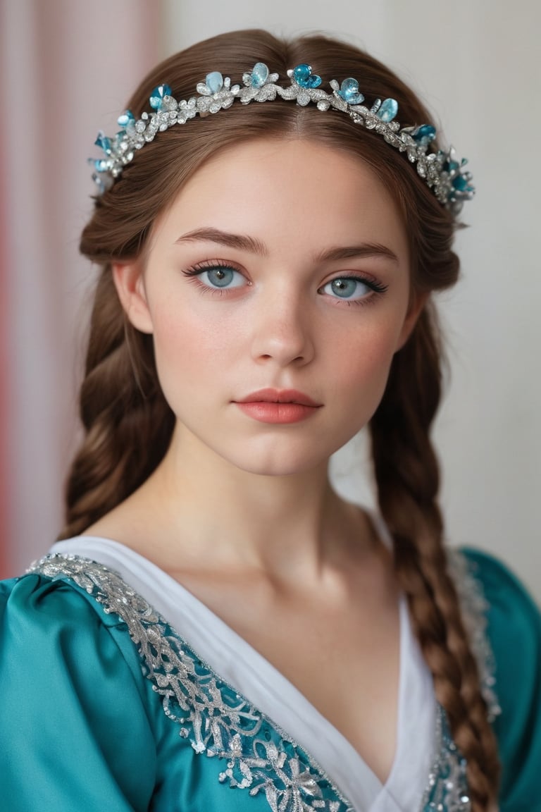 captured in a medium, eye-level shot, a fair-skinned girl with long brown hair is dressed in a turquoise dress, adorned with a silver crown and blue jewels. she's dressed in a white long-sleeved dress, embellished with silver sequins and a large flower in the center of the dress. her hair is styled into two pigtails, each ending in a braid. her eyes are closed, and her mouth is slightly ajar, suggesting she's in a contemplative state. the backdrop is a stark white, providing a stark contrast to the girl's attire. to the left of the frame, a red curtain adds a pop of color.