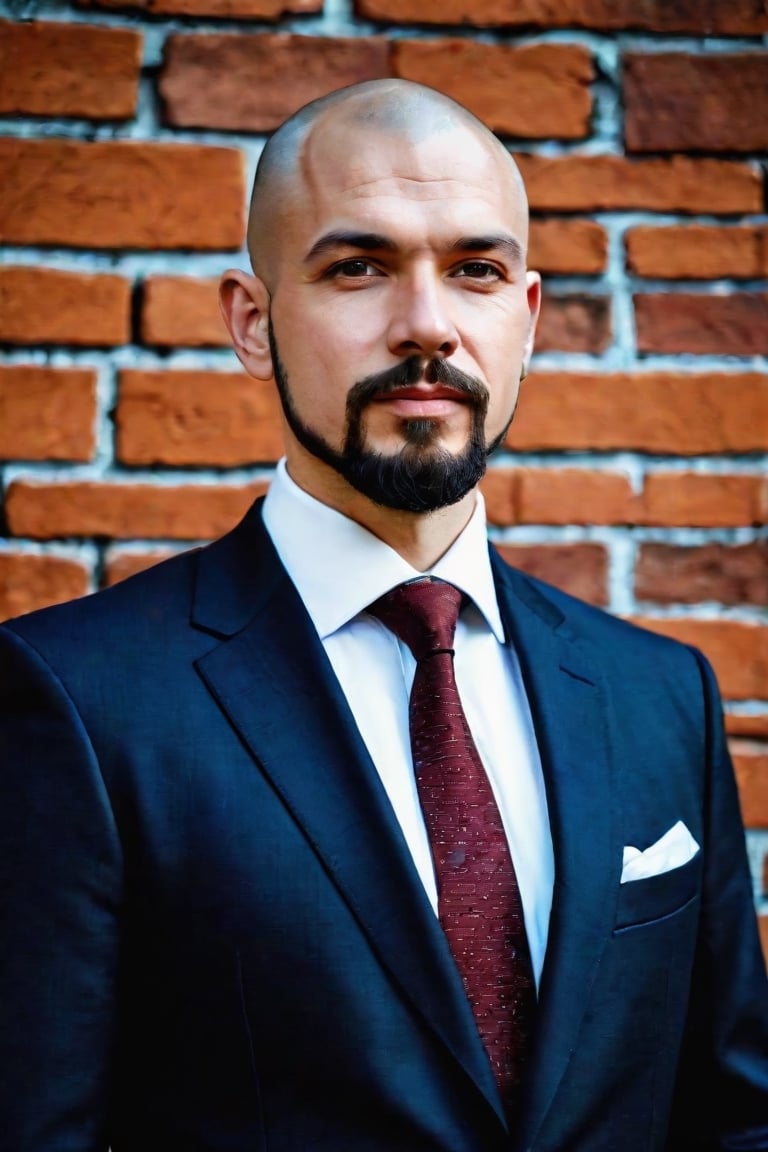 a man in a suit and tie standing in front of a brick wall, a portrait, shaved head and goatee,  by László Balogh, renaissance, professional profile picture, professional closeup photo, igor berezovsky, simon holmedal