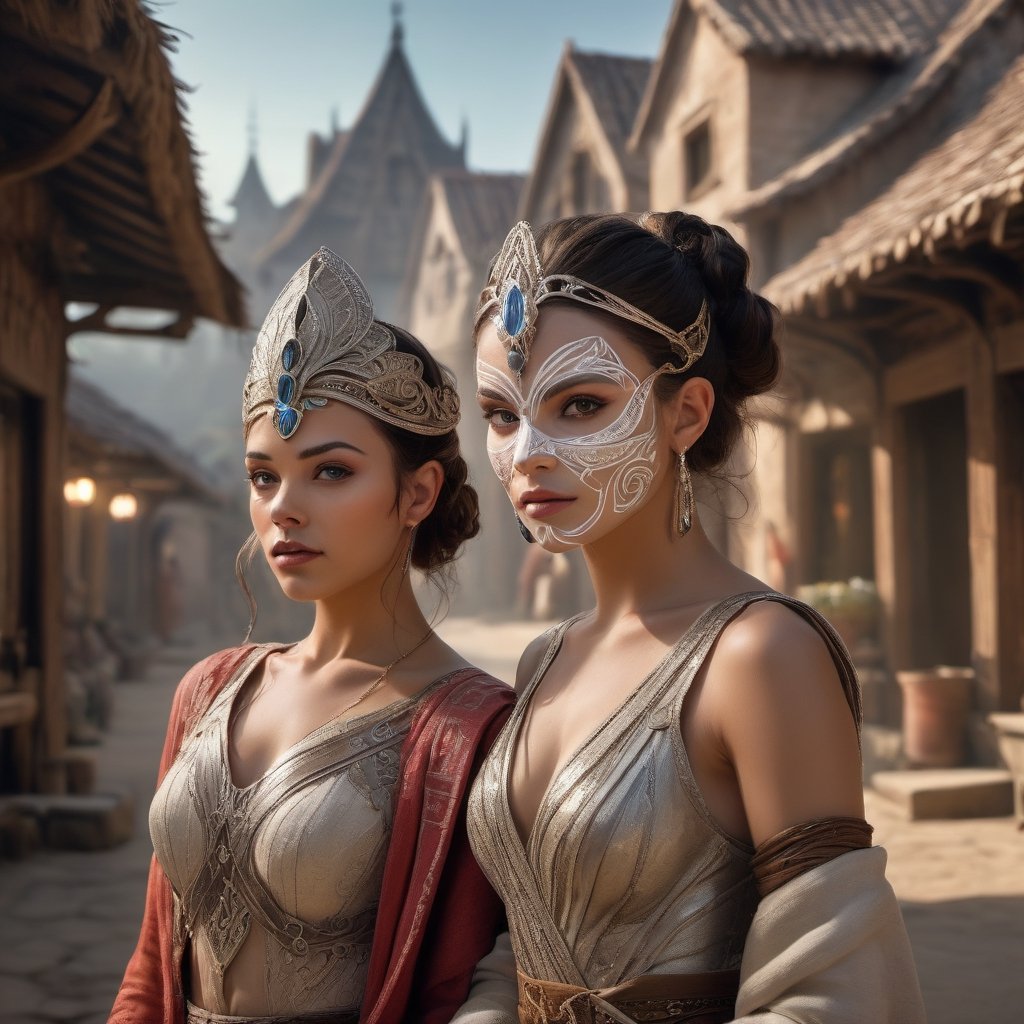 An ethereal, beautiful sorceress played by Rey Anders and Anya Taylor, donning an intricate mask, strikes a glamour pose in an elaborate, serene village on the last day of Ataly. The scene is drawn by Andrei W Guangj Maximenko with intricate details and highly realistic lighting, revealing a serene yet mystical atmosphere that captures her winning photorealistic essence.