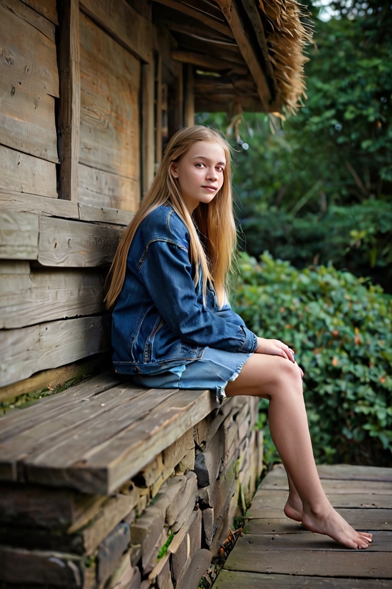  image captures a young girl with long, blonde hair, sitting on a blue ledge. She is wearing a blue jacket and a denim skirt, and her bare feet are crossed on the ledge. The girl is looking directly at the camera, and the background features a wooden structure with a thatched roof and green foliage. The lighting is moody and the image is taken with a long exposure, which gives it a dramatic effect. The overall mood of the image is serene and contemplative