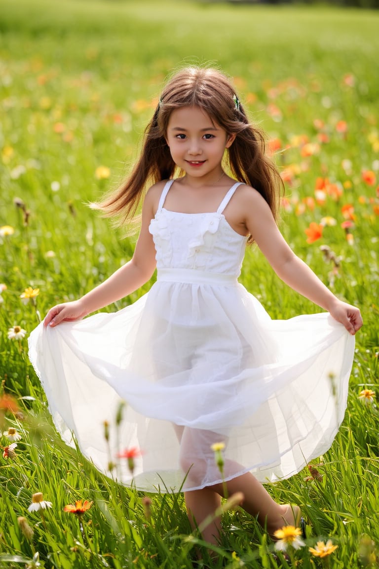 A young girl's dreamy dance unfolds in a sun-kissed meadow, surrounded by wildflowers of vibrant hues. Her flowing white dress ripples softly as she twirls, bathed in warm rays of sunlight filtering through lush green grass. Rays of light dance across her beaming smile, capturing the carefree essence of Renoir or Morisot's Impressionist style.