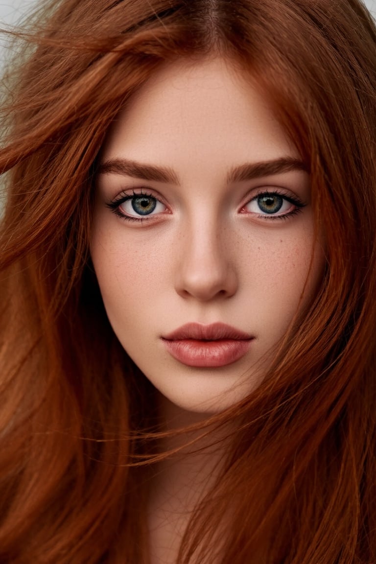 Close-up portrait of a young woman with red hair, 1400*1000, Irish genes, hair blown by the wind, marvelous eyes, freckled skin, inspired by Mary Elizabeth Price, red-toned mist, photorealistic, HDR photograph, ancient Irish atmosphere, unusually unique beauty, shot with Canon 5D Mark II, reminiscent of Tom Chambers and Jinsung Lim's photography style.