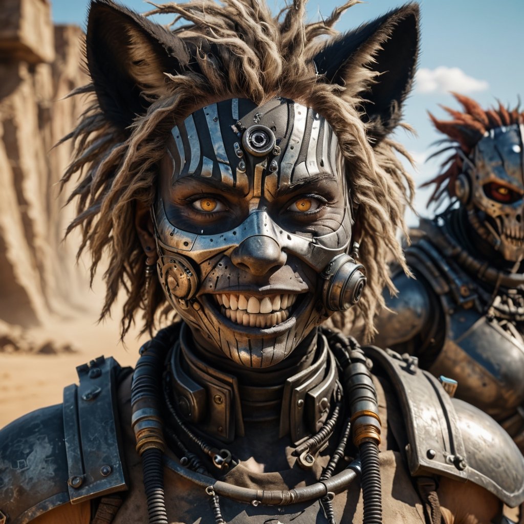 Mad Max furries and cyborg. intricate abstract, ultra intricately detailed 3D render, global illumination, by Beksinski's Ilya Prima's striped eyes with kind smile her hair, rembrandt, style from Anime series CGSociety,hyper realistic, 4k HDR, 