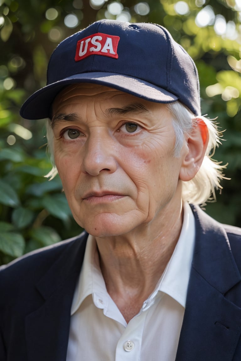 Close-up shot of an elderly man in his late 60s/early 70s, dressed in dark blue blazer and white shirt, wearing a red baseball cap with 'USA' in white letters. His white hair is neatly combed, and his expression is somber as he gazes off to the side. The blurred background features lush plants and a building's facade against a warm outdoor light.