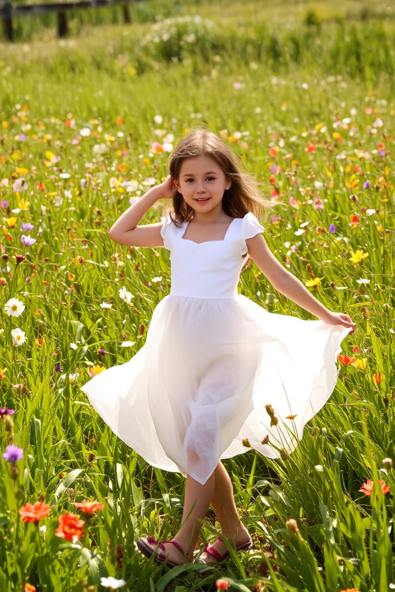 A  girl's dreamy dance in a sun-kissed meadow, surrounded by vibrant wildflowers, wears a flowing white dress, the girl is 4 years old,beaming with a bright and charming smile, as warm rays of sunlight filter through lush green blades, casting a soft glow on the serene scene, reminiscent of Renoir or Morisot's Impressionist masterpieces.,hubggirl