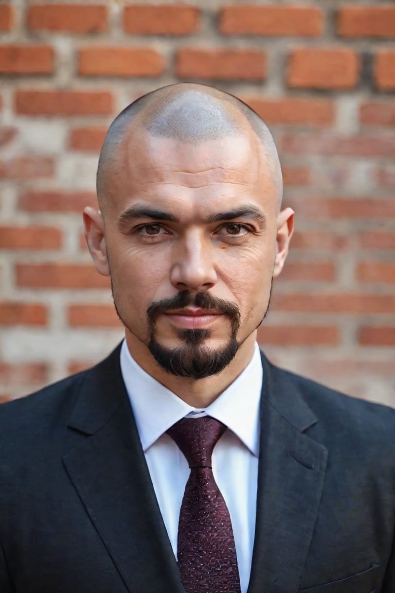 a man in a suit and tie standing in front of a brick wall, a portrait, shaved head and goatee,  by László Balogh, renaissance, professional profile picture, professional closeup photo, igor berezovsky, simon holmedal