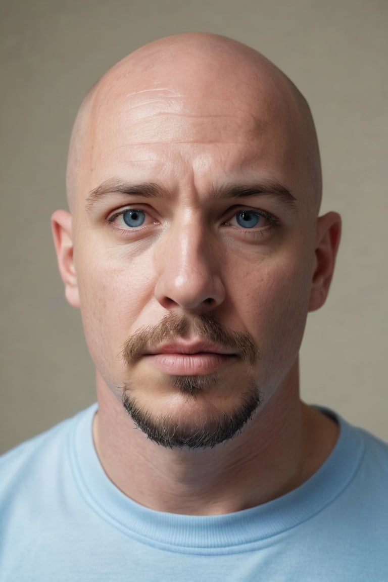 in a medium, eye-level shot, a bald, fair-skinned man with a goatee and a mustache gazes downward at the camera. he's dressed in a light blue t-shirt, which is partially visible behind his head. the shirt features a blue stripe down the center, and the words "the lord is my shepherd" are printed in black letters on the left side of the shirt. his eyes are closed, and his mouth is slightly ajar, suggesting he's in a contemplative or contemplative state of mind