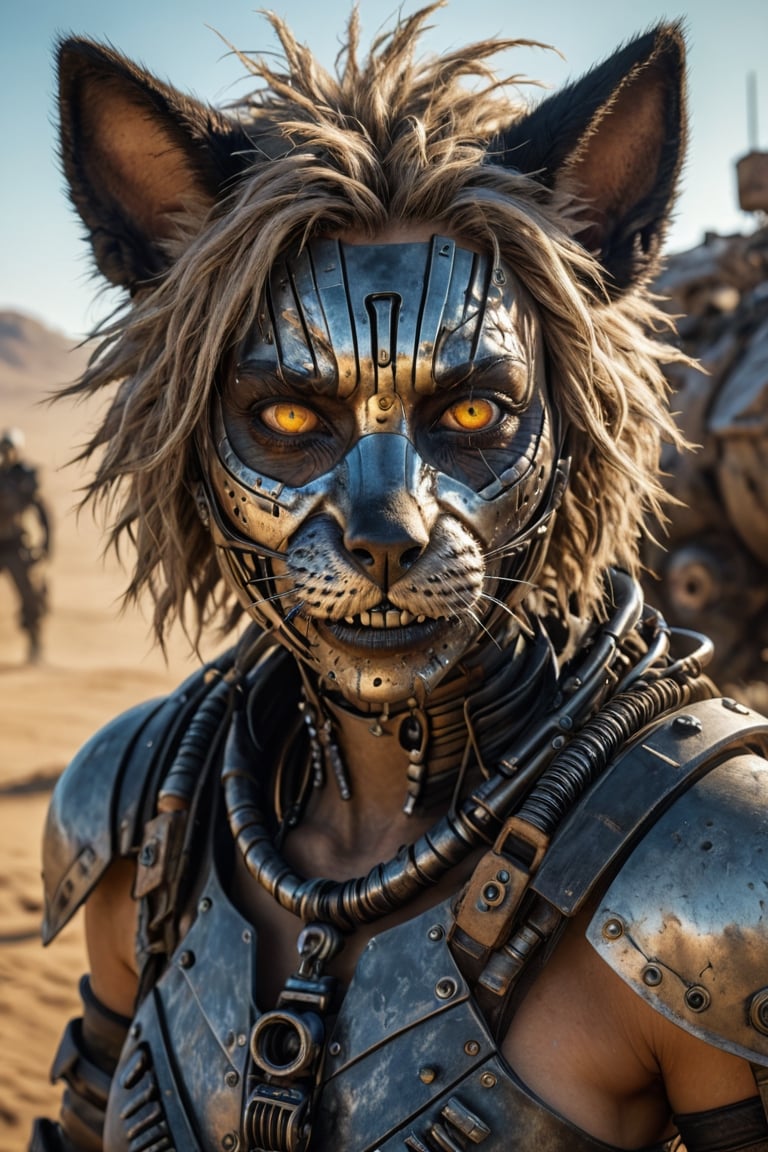 Mad Max furries and cyborg. intricate abstract, ultra intricately detailed 3D render, global illumination, by Beksinski's Ilya Prima's striped eyes with kind smile her hair, rembrandt, style from Anime series CGSociety,hyper realistic, 4k HDR, 