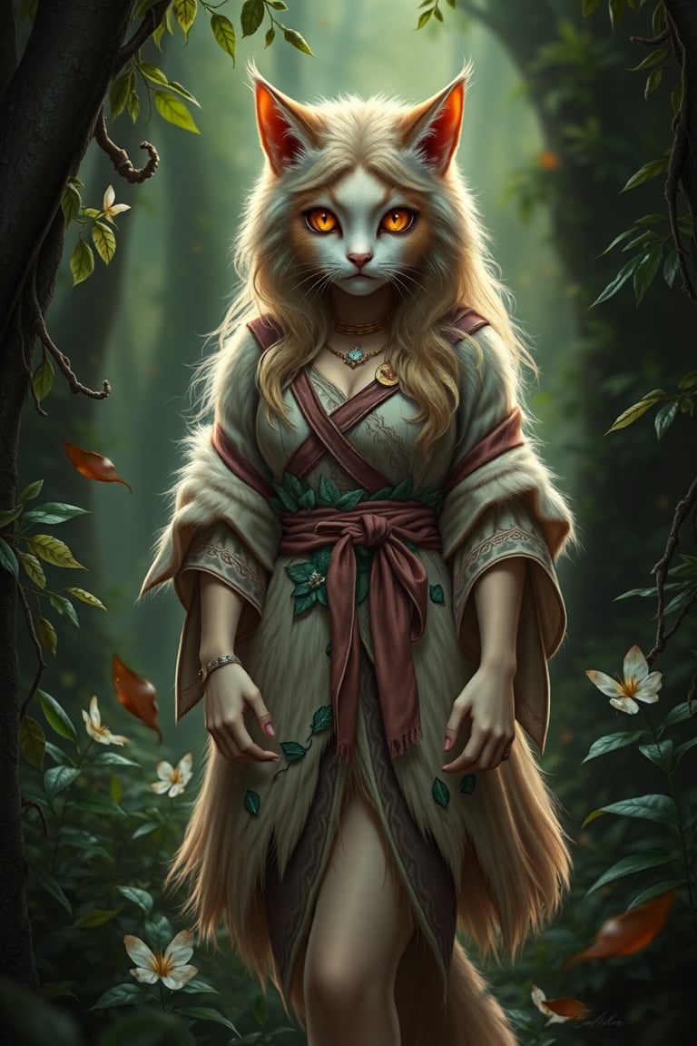 A lifelike catgirl hybrid, radiant with allure, gracefully stands amid a serene forest's depths. Her fluffy fur envelops a form adorned in a flowing nature-inspired tunic, eyes aglow with both whimsy and mischief. Subtle feline claws enhance her hands, while lush foliage and,anthro