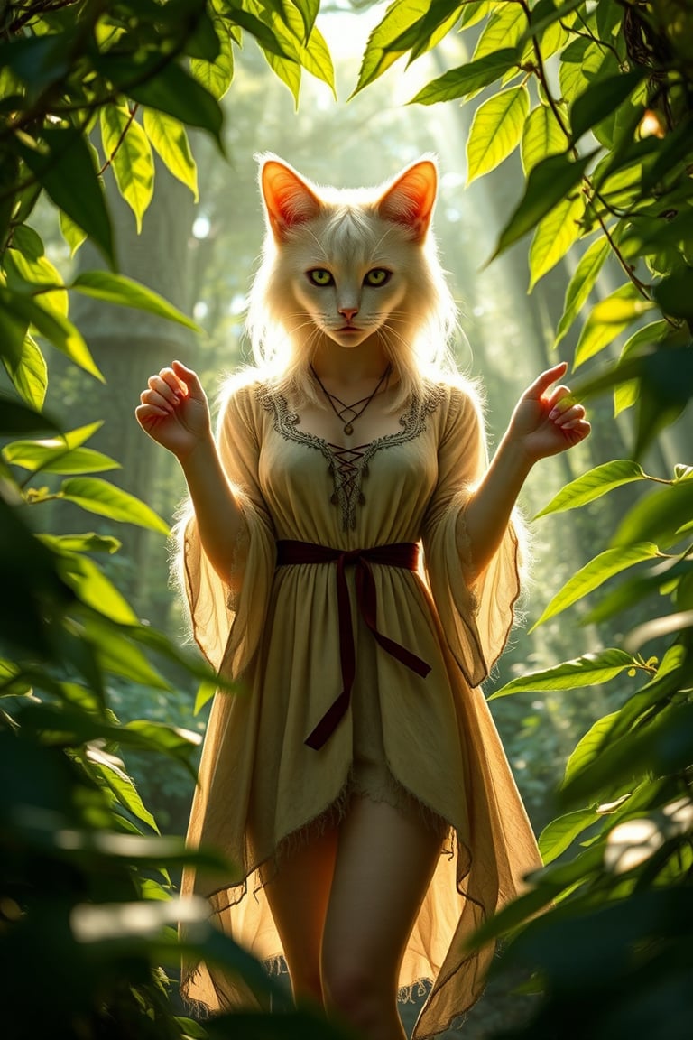 A lifelike catgirl hybrid stands amidst the serene forest's depths, her radiant aura drawing attention to her alluring presence. Framed by a canopy of lush greenery, she wears a flowing nature-inspired tunic that complements her fluffy fur, with subtle feline claws adorning her hands. Her eyes aglow with whimsy and mischief, she seems to be savoring the tranquility of her surroundings.