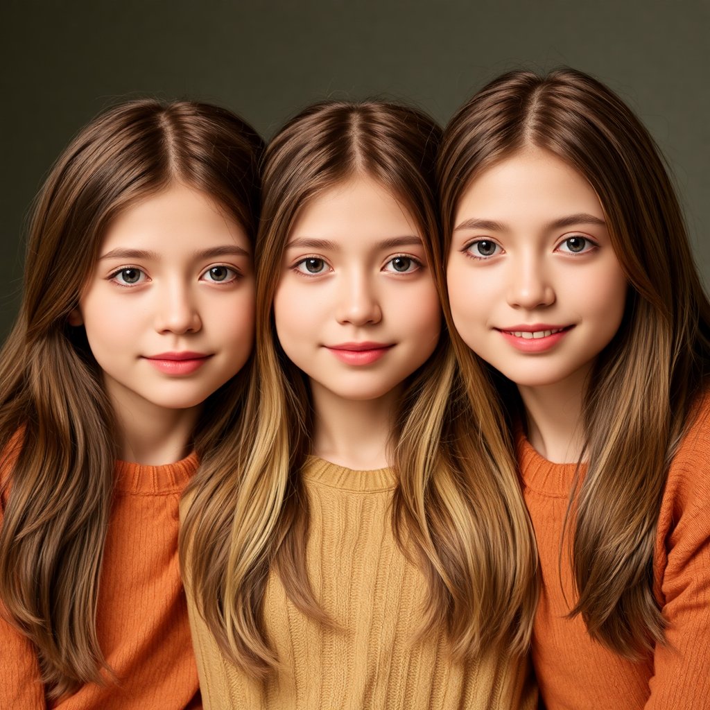 A heartwarming and sentimental portrait of three sisters, 1200*900, aged 7, 12, and 18, who are look-alikes, showcasing their growth and bond, photorealistic, warm colors, and soft lighting, capturing the innocence and beauty of sisterly love.