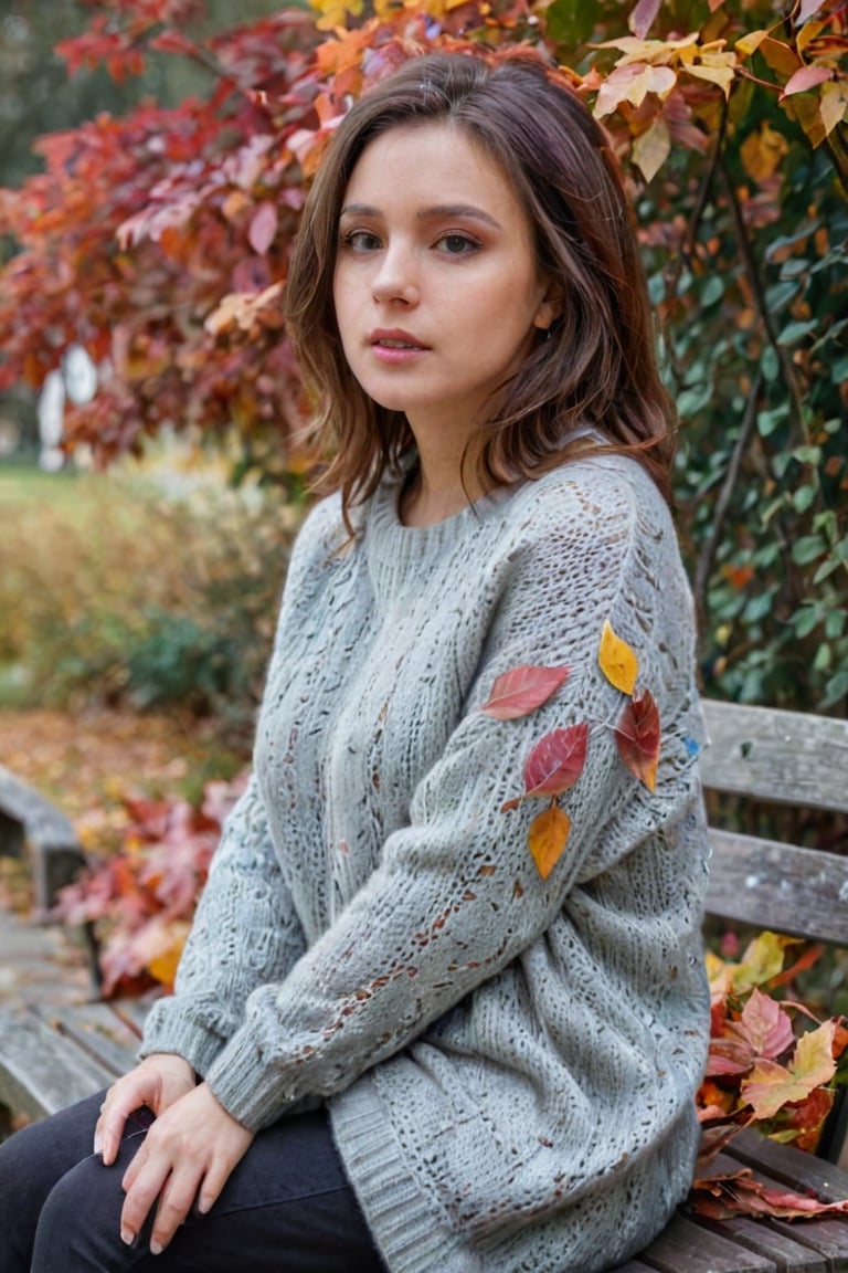 Beautiful woman, contemplative and reflective, sitting on a bench, cozy sweater, autumn park with colorful leaves, soft overcast light, muted color photography style, 4K quality.