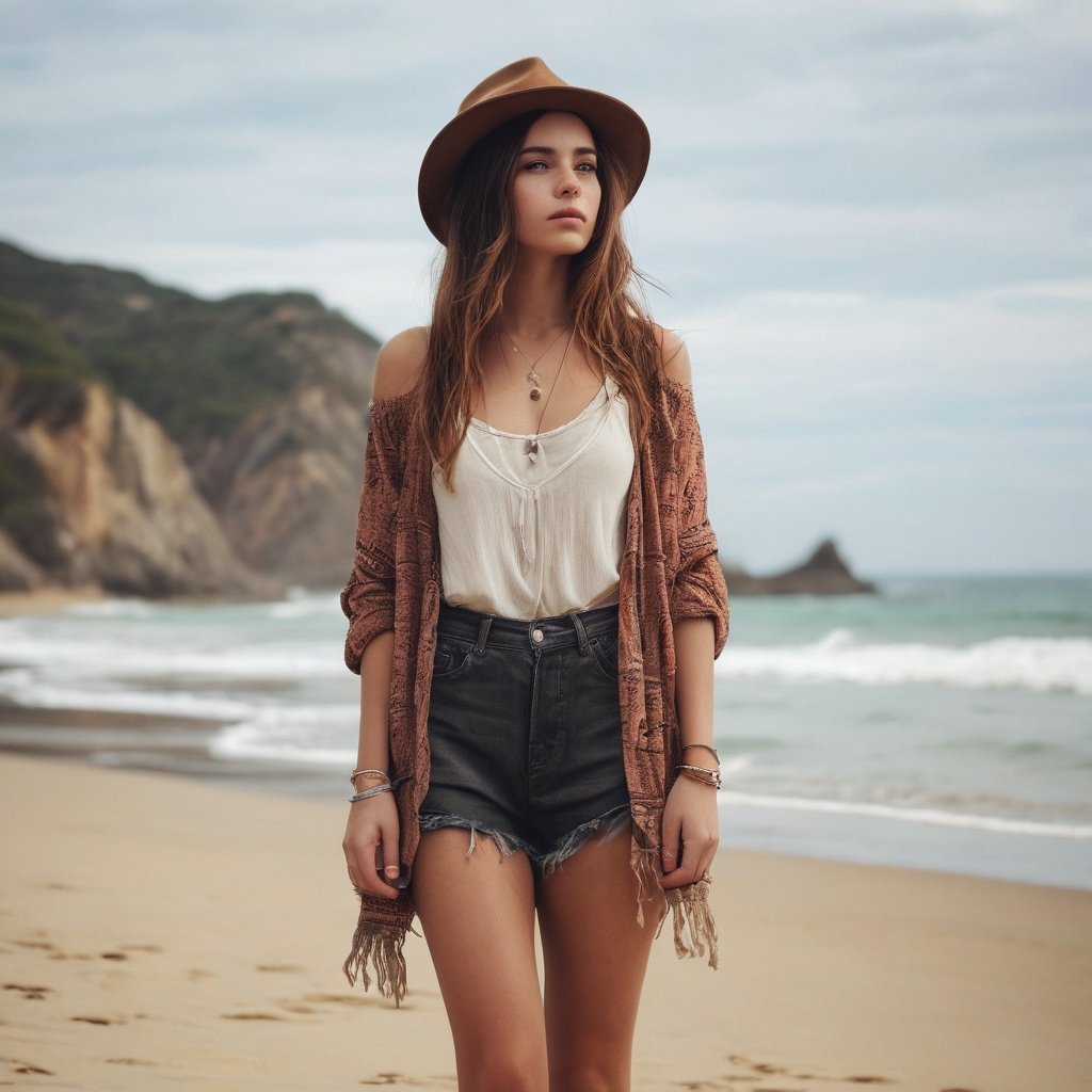A young woman exudes a hipster vibe in her outfit, standing on a serene beach as she gazes into the distance, embodying a laid-back, bohemian aesthetic.