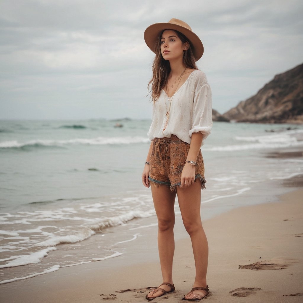 A young woman exudes a hipster vibe in her outfit, standing on a serene beach as she gazes into the distance, embodying a laid-back, bohemian aesthetic.