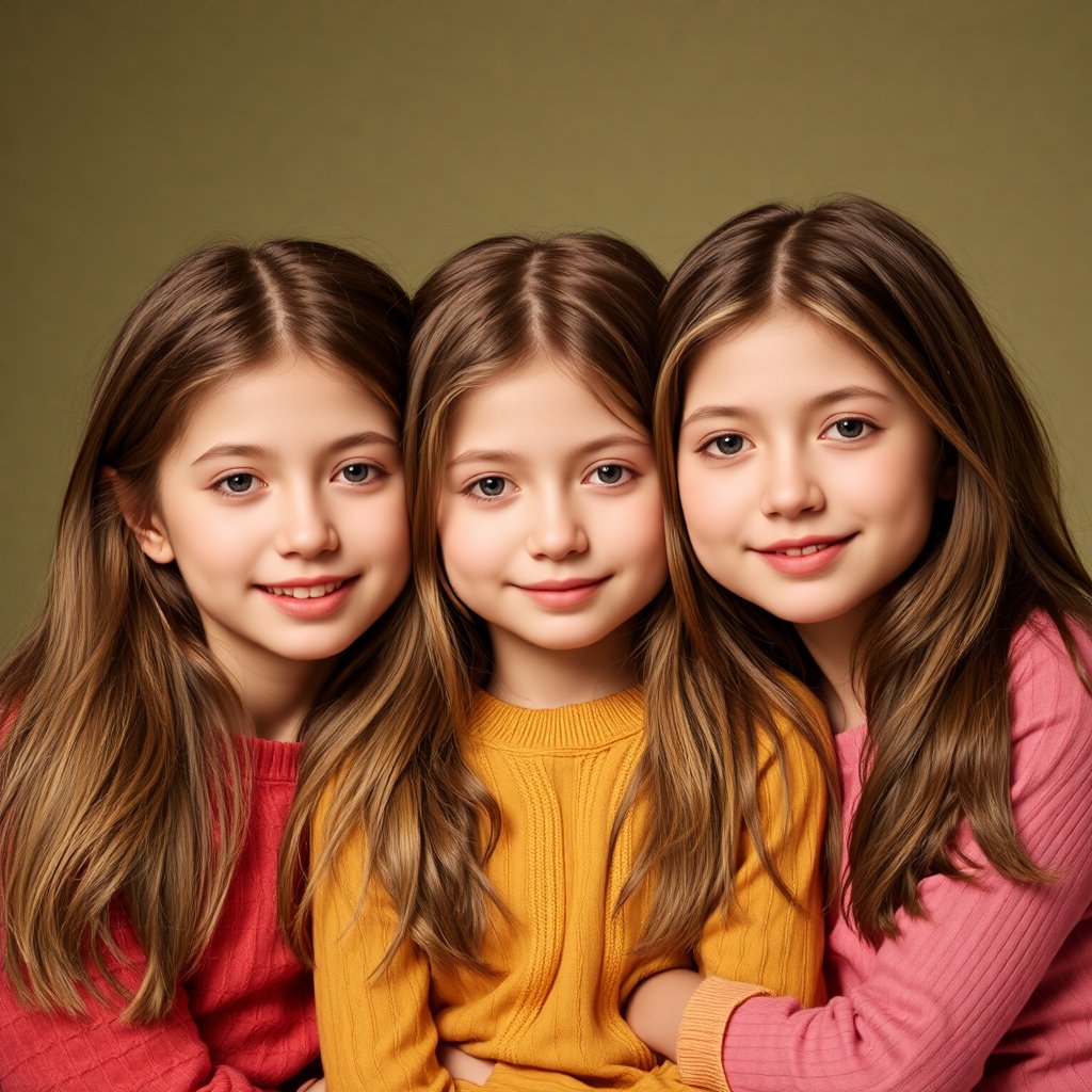 A heartwarming and sentimental portrait of three sisters, 1200*900, aged 7, 12, and 18, showcasing their growth and bond, photorealistic, warm colors, and soft lighting, capturing the innocence and beauty of sisterly love.