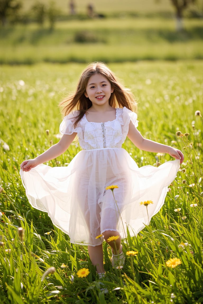 Dreamy, ethereal, and romantic, a young girl dances in a sun-drenched meadow, surrounded by wildflowers, wearing a flowing, white dress, with a bright and charming smile, in the style of Pierre-Auguste Renoir or Berthe Morisot, 1024x768 Rays of warm sunlight filter through the lush green meadow, illuminating a delightful scene of youthful innocence. A young girl, reminiscent of Renoir's or Morisot's subjects, plays with abandon amidst the wildflowers. Her translucent dress whispers secrets to the breeze as she beams with a charming smile, her joyful laughter and carefree spirit radiating outward like the gentle light that dances across her upturned face.