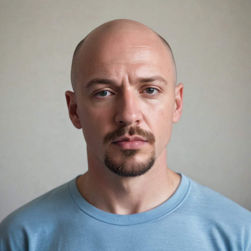 In a medium, eye-level shot, a bald, fair-skinned man with a goatee and mustache gazes downward at the camera, his eyes closed, mouth slightly ajar. He wears a light blue t-shirt with a blue stripe down the center, featuring the lord is my shepherd in black letters on the left side. The partially visible shirt hints at introspection, as he stands in thought, his contemplative expression inviting the viewer to share his quiet moment.