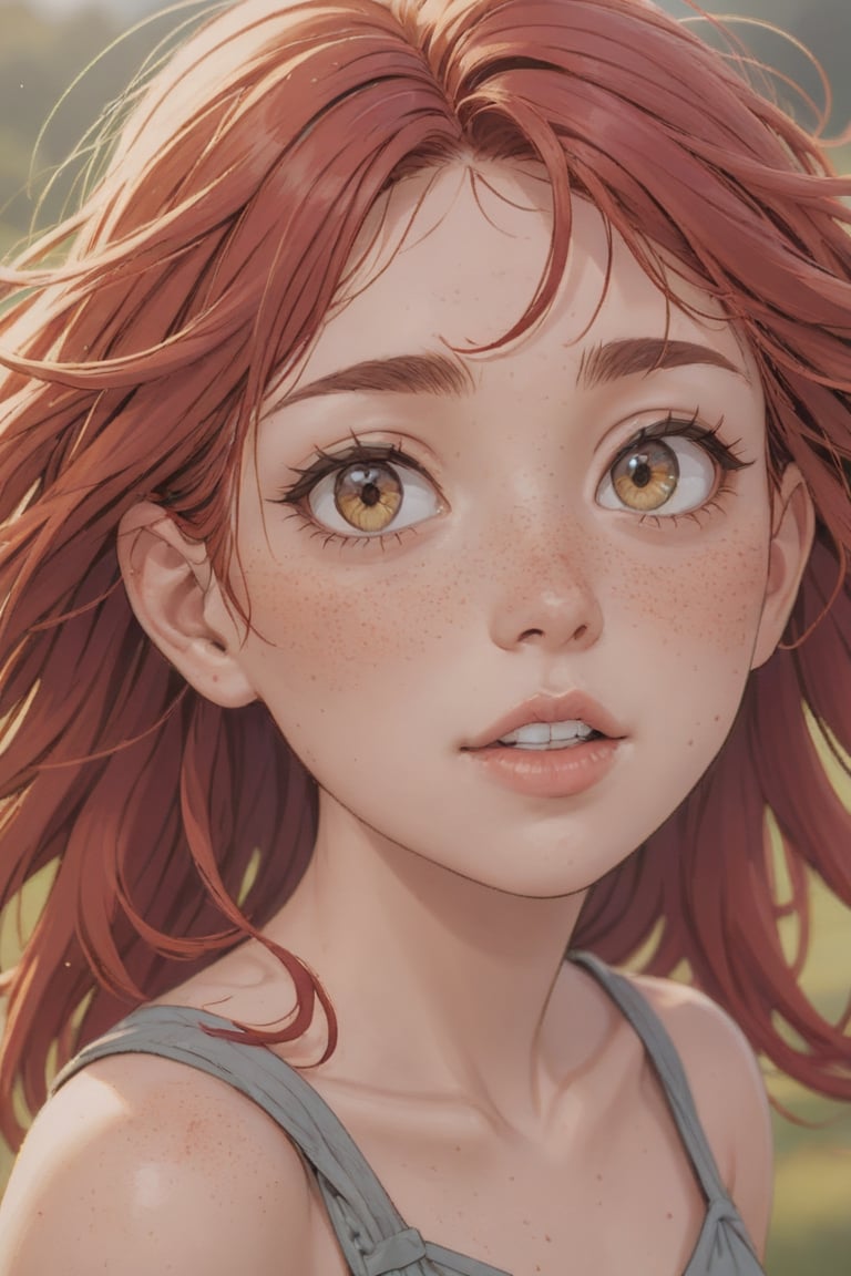 there is a young girl with red hair and a freckled face, wiggly ethereal being, fine detail post processing, inspired by Mark Arian, closeup of an adorable, world best photography, professionally post - processed, wind kissed picture, sharpened image, esty, by Andrew Robertson, real image, a picture,1girl