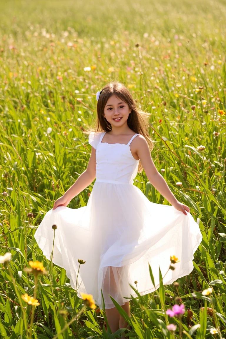 A young girl's dreamy dance in a sun-kissed meadow, surrounded by vibrant wildflowers, wears a flowing white dress, beaming with a bright and charming smile, as warm rays of sunlight filter through lush green blades, casting a soft glow on the serene scene, reminiscent of Renoir or Morisot's Impressionist masterpieces.,hubggirl