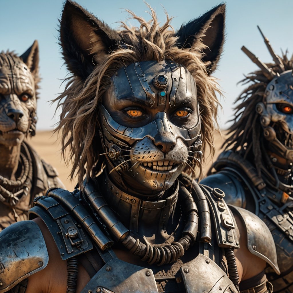 Mad Max furries and cyborg. intricate abstract, ultra intricately detailed 3D render, global illumination, by Beksinski's Ilya Prima's striped eyes with kind smile her hair, rembrandt, style from Anime series CGSociety,hyper realistic, 4k HDR, 