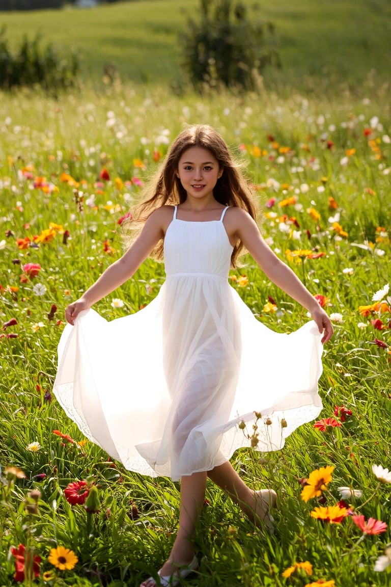 A young girl's dreamy dance in a sun-kissed meadow, surrounded by vibrant wildflowers, wears a flowing white dress, beaming with a bright and charming smile, as warm rays of sunlight filter through lush green blades, casting a soft glow on the serene scene, reminiscent of Renoir or Morisot's Impressionist masterpieces.