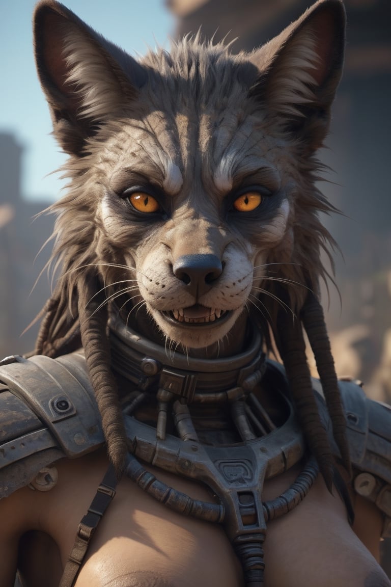 Mad Max furries and cyborg. intricate abstract, ultra intricately detailed 3D render, global illumination, by Beksinski's Ilya Prima's striped eyes with kind smile her hair, rembrandt, style from Anime series CGSociety,hyper realistic, 4k HDR, 