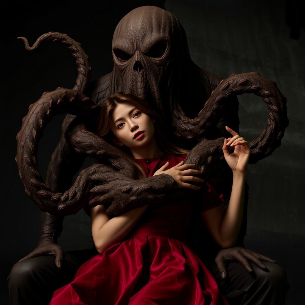 In a chilling and enchanting scene, a faceless tentacle monster tenderly embraces a frightened yet adorable young woman, creating a stark contrast between the dreadful presence of Cthulhu and the cuteness of his victim. Despite the terrifying situation, an unexpected romantic and sensual tenderness emerges between the two, weaving an unexpected depth into the composition and adding nuance to the horrifying premise. The dreadful yet beautiful image exudes a fascinating blend of fear, curiosity, and affection, as if plucked from the pages of a classic Lovecraftian tale. This unforgettable scene encapsulates the essence of the mind-bending, gothic horror that has captivated audiences for generations, inviting viewers to explore the fascinating realms of terror and tenderness that lie beyond the boundaries of the mundane.