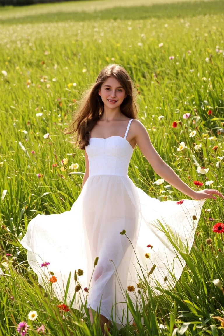 A  girl's dreamy dance in a sun-kissed meadow, surrounded by vibrant wildflowers, wears a flowing white dress, the girl is 14 years old,beaming with a bright and charming smile, as warm rays of sunlight filter through lush green blades, casting a soft glow on the serene scene, reminiscent of Renoir or Morisot's Impressionist masterpieces.,hubggirl