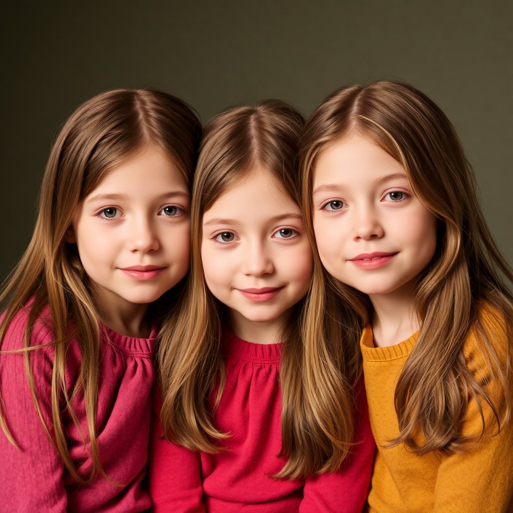 A heartwarming and sentimental portrait of three sisters, 1200*900, aged 7, 12, and 18, showcasing their growth and bond, photorealistic, warm colors, and soft lighting, capturing the innocence and beauty of sisterly love.