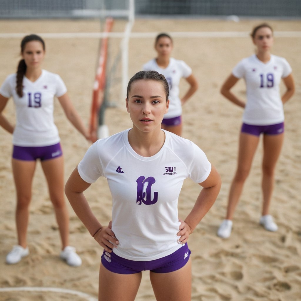 A high-angle shot captures the captivating moment as the woman stands out from the blurred volleyball players behind her. She wears a white t-shirt with bold purple '13' letters on the front, paired with a sleek braid and flexed arms. Her shorts highlight toned legs and curves. In the left frame, another woman mirrors her pose, while in the right frame, a third woman matches the identical athletic attire and confident stance.