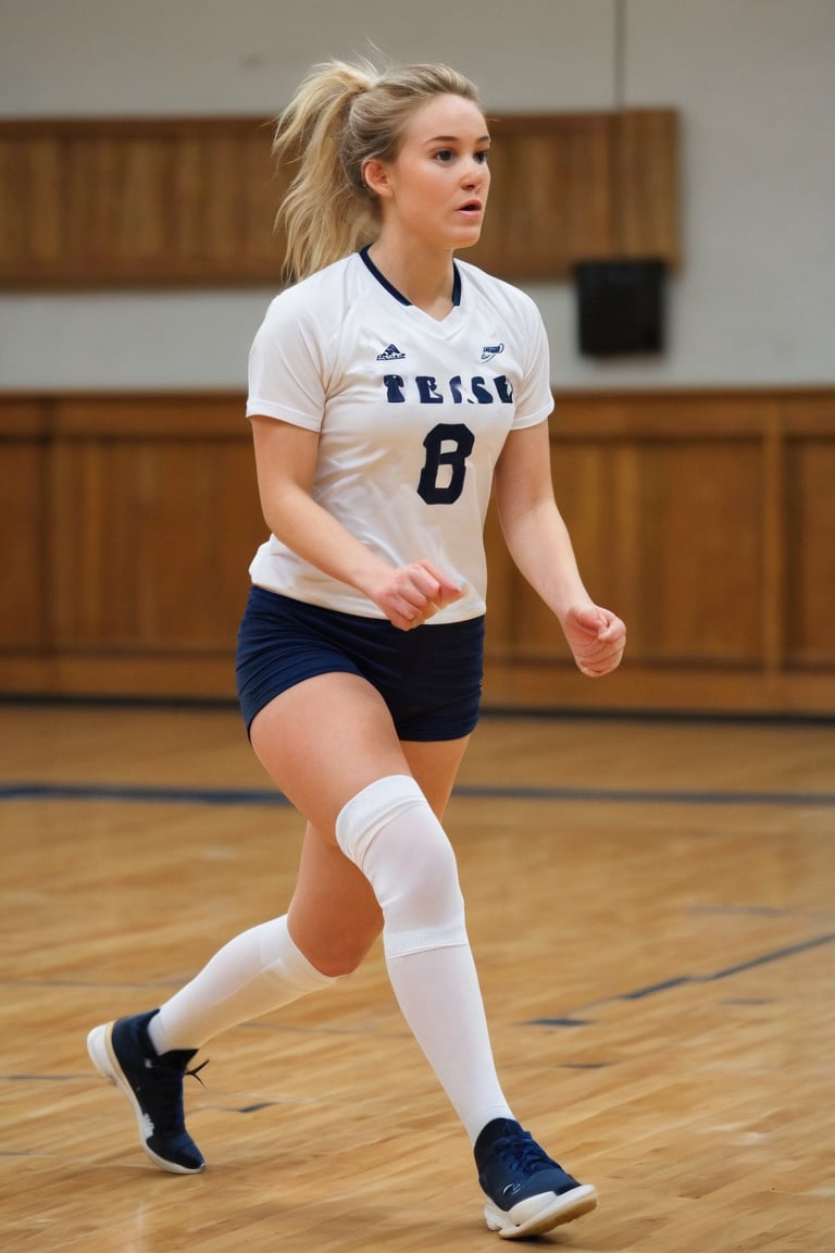 A volleyball player, donning a navy blue short-sleeved top with 9 in white letters, stands poised on the light brown wooden court, her blonde hair flowing down her back. She wears white knee-high socks and matching shoes, her right hand resting on her hip while her left is cocked for impact. The black line running from bottom to top of the frame marks the court's edge. In the background, a table with maroon and white tablecloths adds depth to the scene.