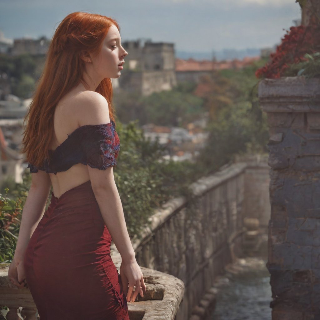 A majestic redhead stands poised on a weathered stone balcony, her vibrant locks cascading down her back like a fiery waterfall. The maroon off-shoulder dress clings to her curves, while her somber expression conveys contemplation amidst the city's bustling backdrop. Towering buildings and lush greenery stretch towards the brilliant blue sky, providing a striking contrast to the woman's introspective mood.,Supersex