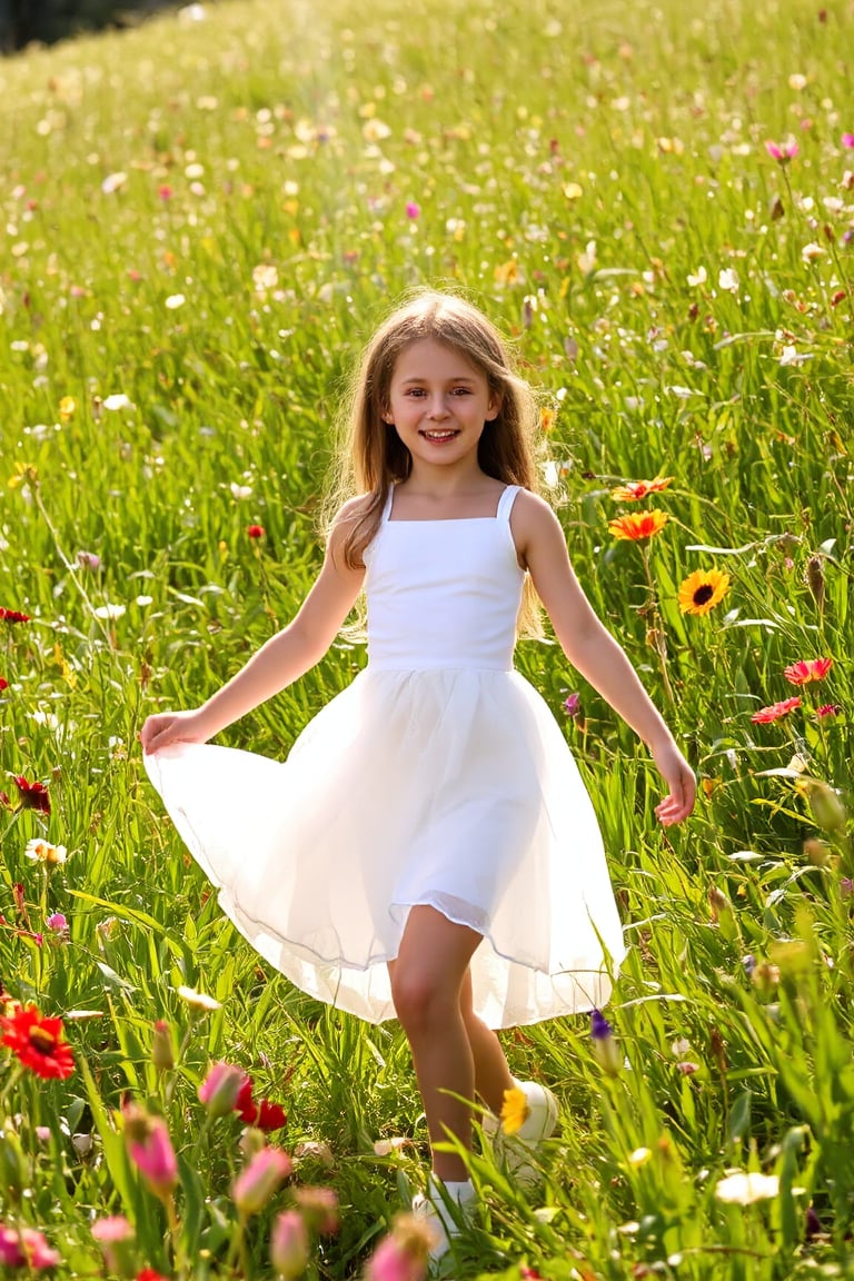 A  girl's dreamy dance in a sun-kissed meadow, surrounded by vibrant wildflowers, wears a flowing white dress, the girl is 6 years old,beaming with a bright and charming smile, as warm rays of sunlight filter through lush green blades, casting a soft glow on the serene scene, reminiscent of Renoir or Morisot's Impressionist masterpieces.,hubggirl