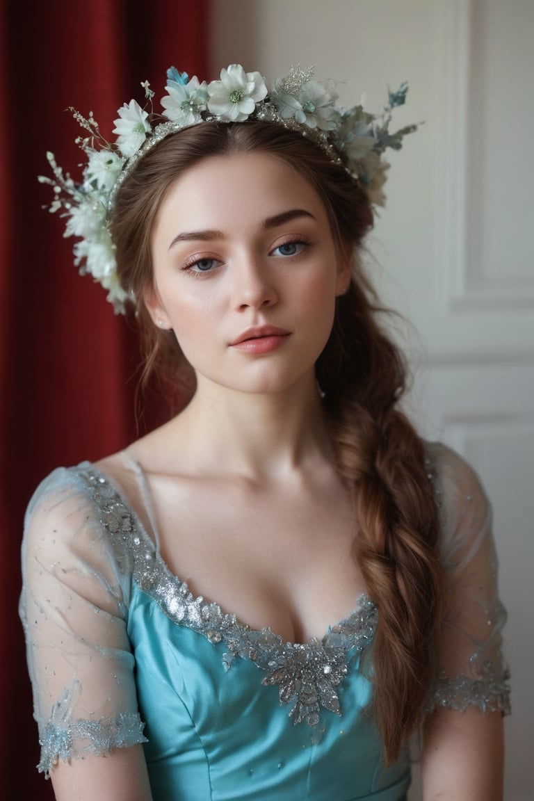 In a medium shot, a serene fair-skinned girl with long brown hair and turquoise dress adorned with silver crown and blue jewels sits in contemplation. Her eyes closed, mouth slightly agape, she wears a white long-sleeved dress with silver sequins and a large flower centerpiece. Pigtails, each ending in a braid, frame her face. The stark white backdrop provides a striking contrast to her vibrant attire, while the red curtain on the left adds a bold pop of color.